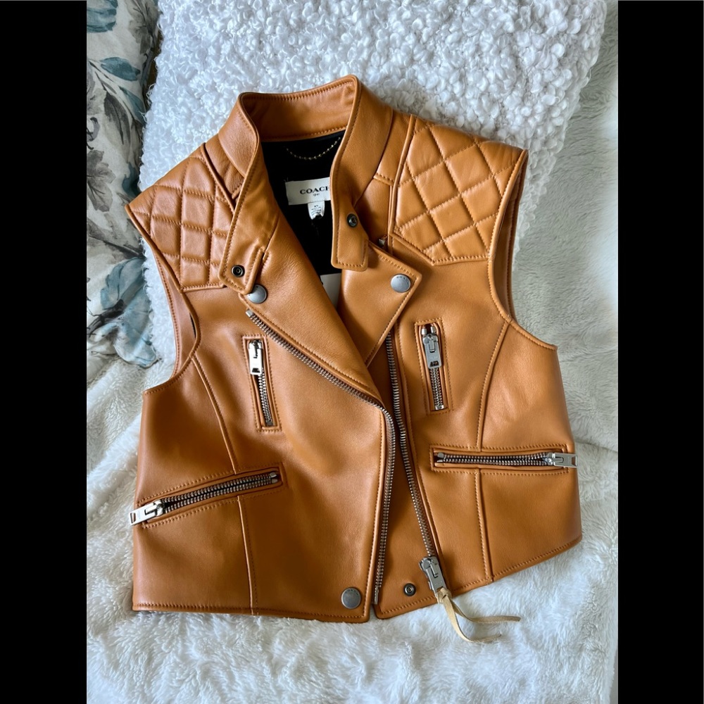 NEW Coach genuine quilted leather Moto cropped vest butterscotch XS madeinItaly